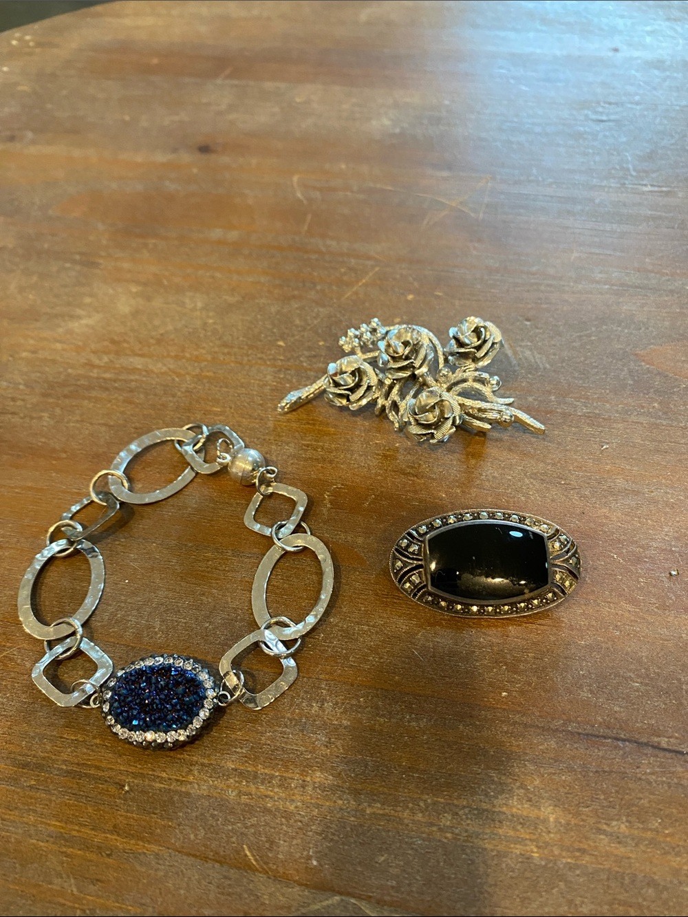 Silver-Tone Bracelet and Two Brooches Set - Black and Navy Accents